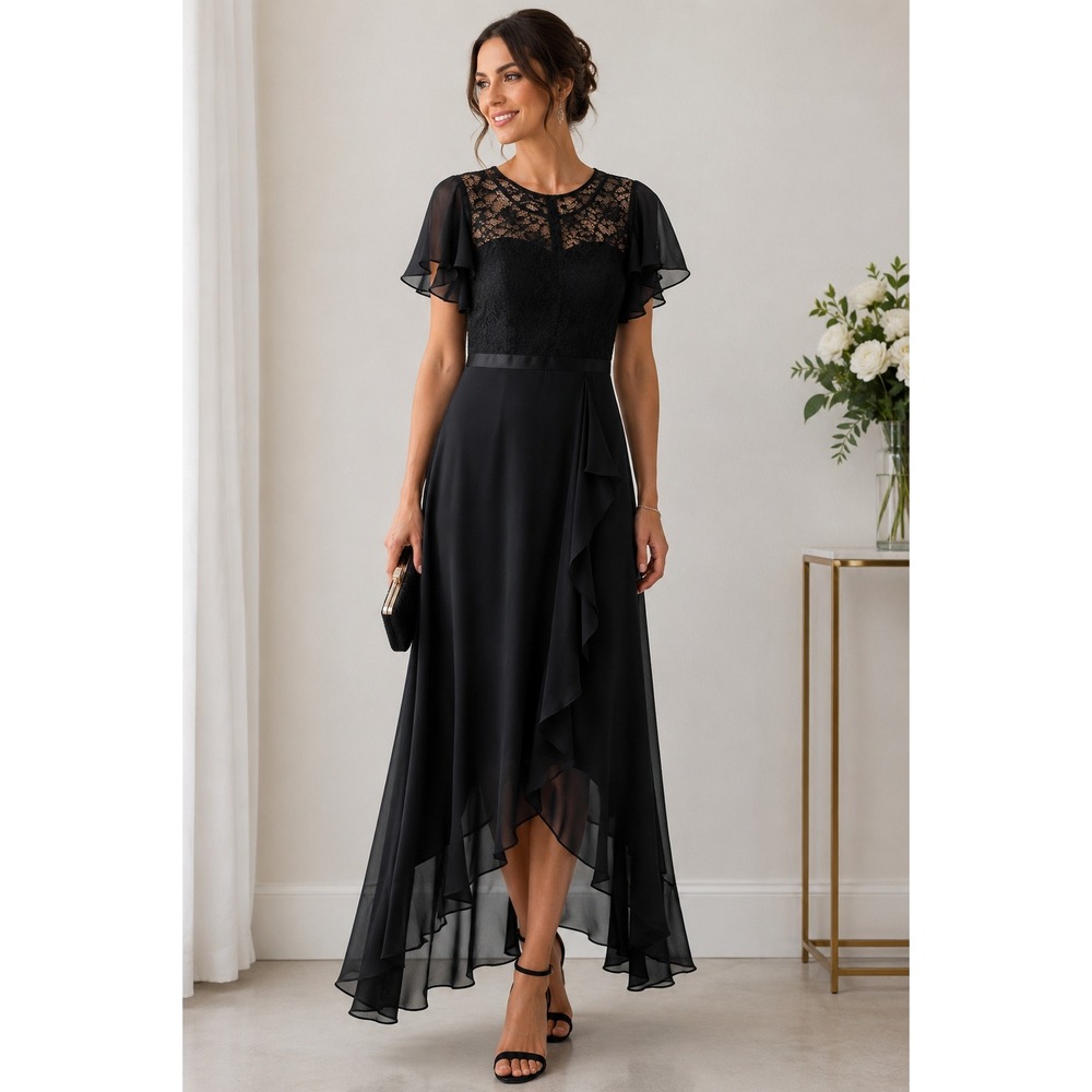 Berylove Black Lace High Low Cocktail Dress Flutter Sleeve Formal Gown Large